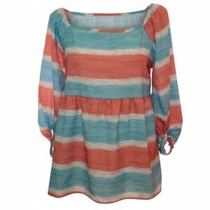 BIBI Stripe Printed Bubble Woven Balloon Sleeve Top in Coral and Jade SZ Medium